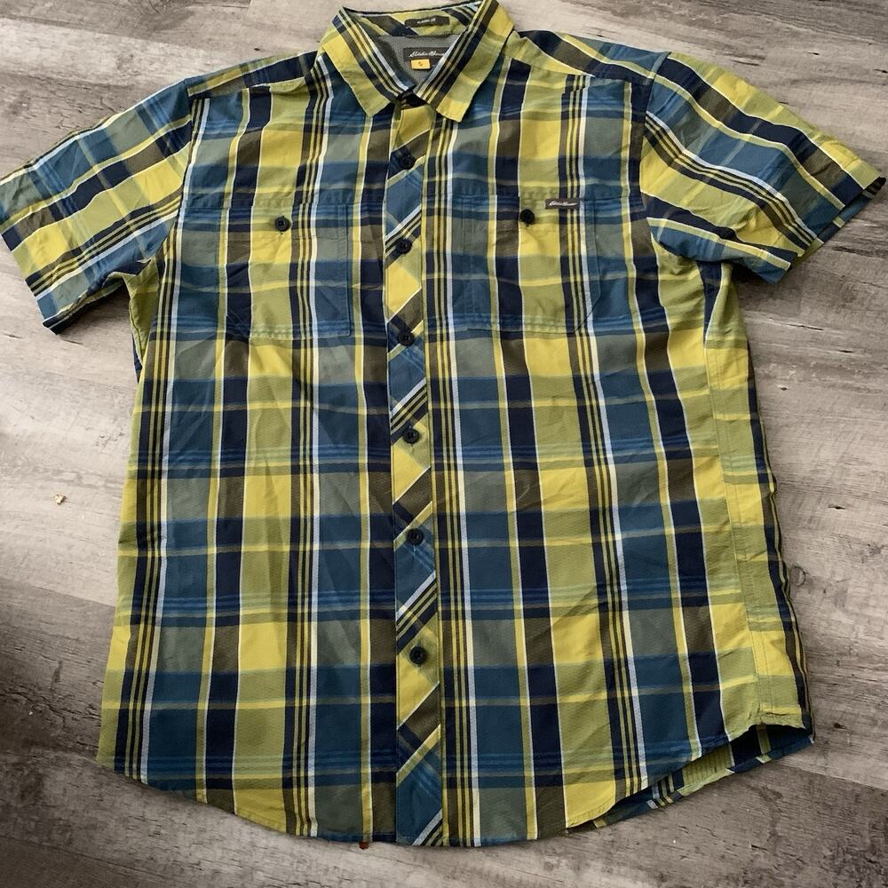 Eddie Bauer Travex Shirt Mens Sz Medium Blue Plaid Fishing Outdoor Vented Hiking